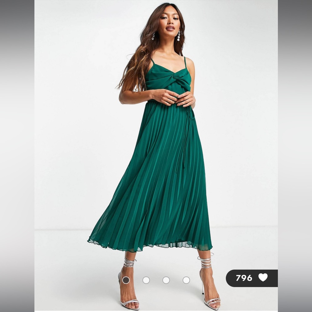 ASOS twist front pleated cami midi dress with belt in forest green Size US 8